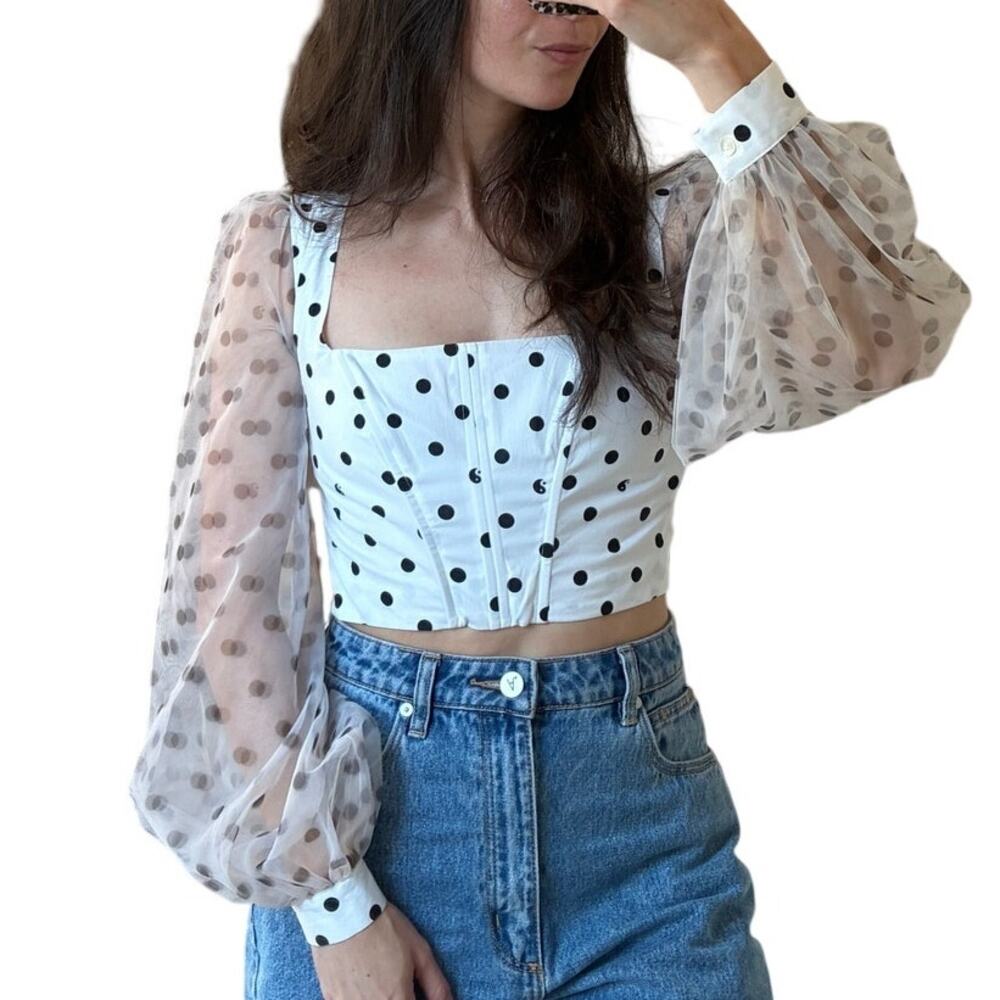 STAUD Rose Polka Dot Puff-Sleeve Organza Bustier Corset Top Womens Size 0 / XXS